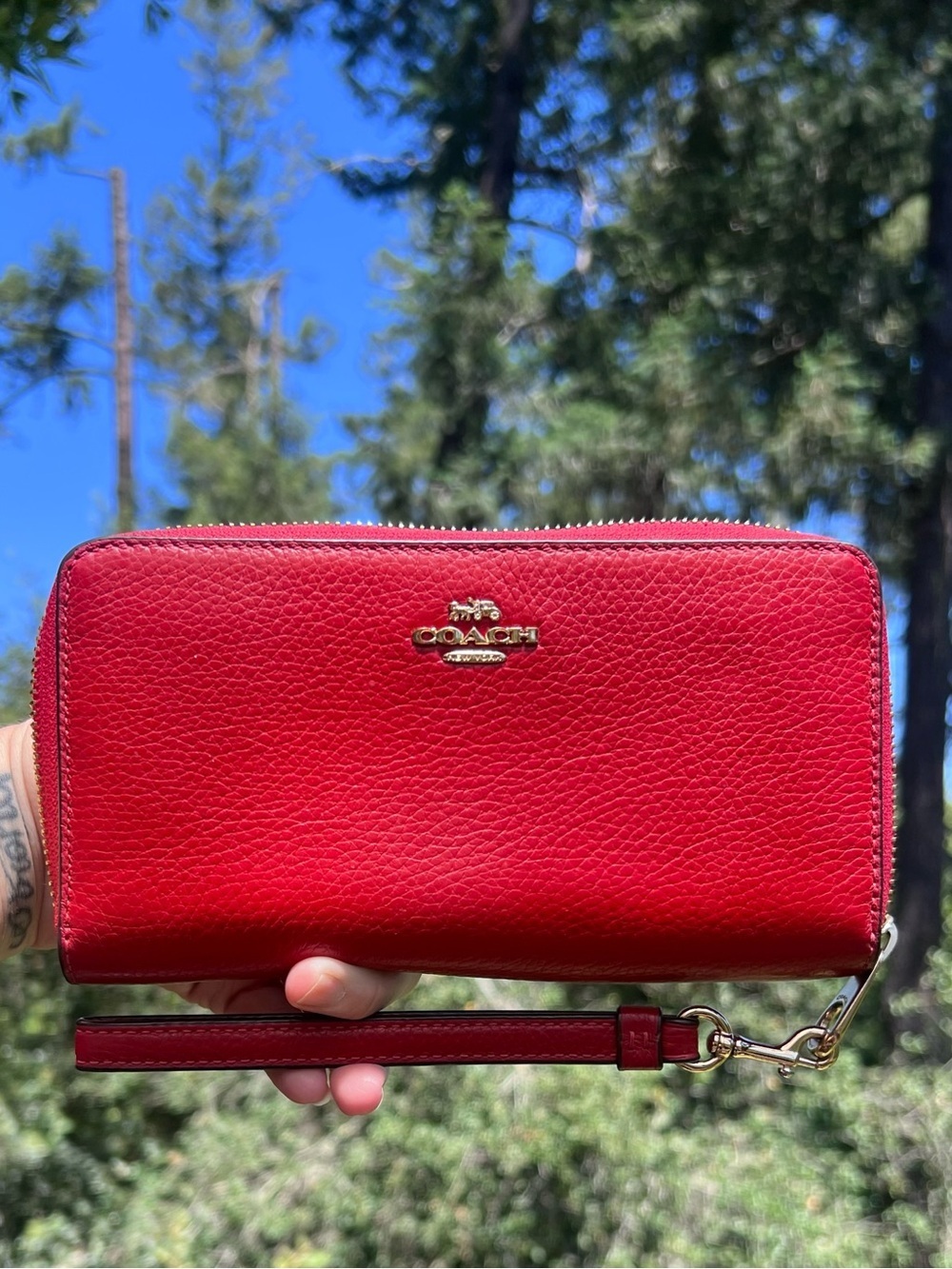 COACH Long Zip-Around Leather Wallet Red w Gold Hardware AUTHENTIC